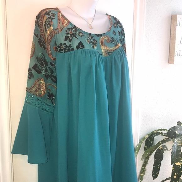 Umgee Boho Turquoise Velvet Floral Print Dress Size S - Picture 5 of 15